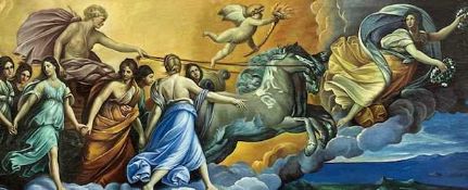 Follower of Guido Reni (Bologna 1575-1642), Apollo in his chariot preceded by Aurora, oil on cloth