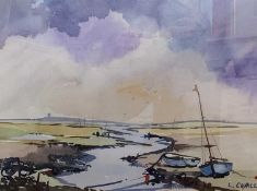 Leonard Coxall (British, 20th century), moored boasts on the North Norfolk coast, watercolour,