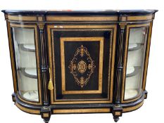 A Victorian ebonised and inlaid credenza cabinet with central panelled door and two side display