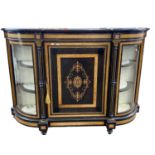 A Victorian ebonised and inlaid credenza cabinet with central panelled door and two side display