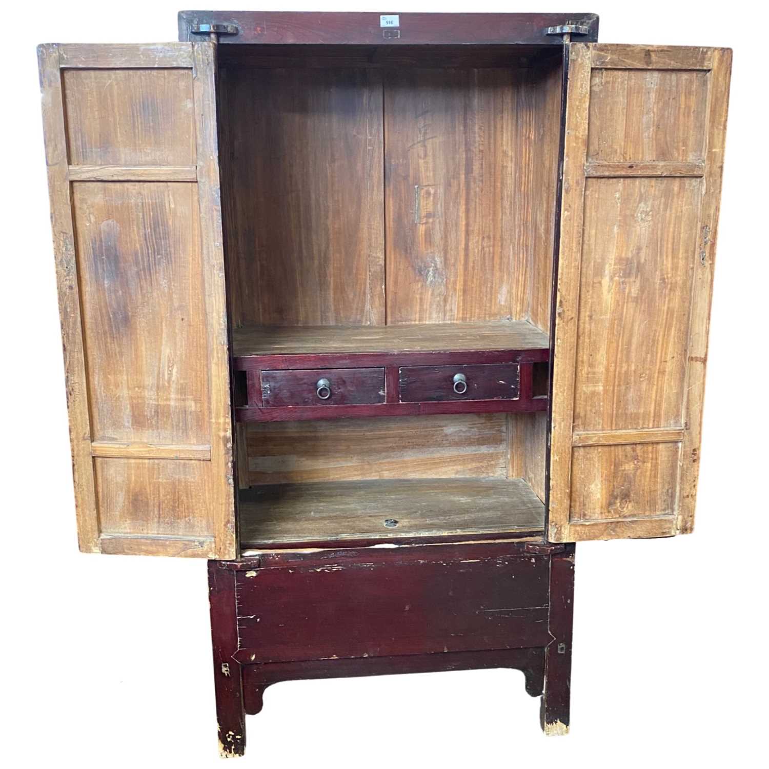 Antique Chinese stained elm wardrobe with two panelled doors opening to two internal drawers and a - Image 2 of 2