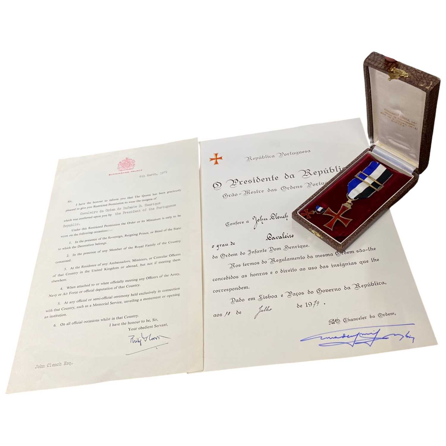 A Portuguese award Cavaleiro Ordem Intante with permission from the Queen to wear the award on