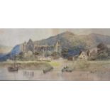 Follower of Thomas Girtin (British, 1775-1802), lakeside scene, watercolour and pencil, 13x26ins,