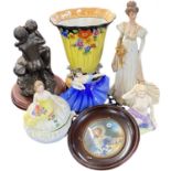 Quantity of ceramic sculptures, Doulton figures, an Art Deco vase, a miniature painting of a young
