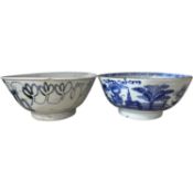18th Century Chinese porcelain bowl with blue and white designs and a brown line rim together with a