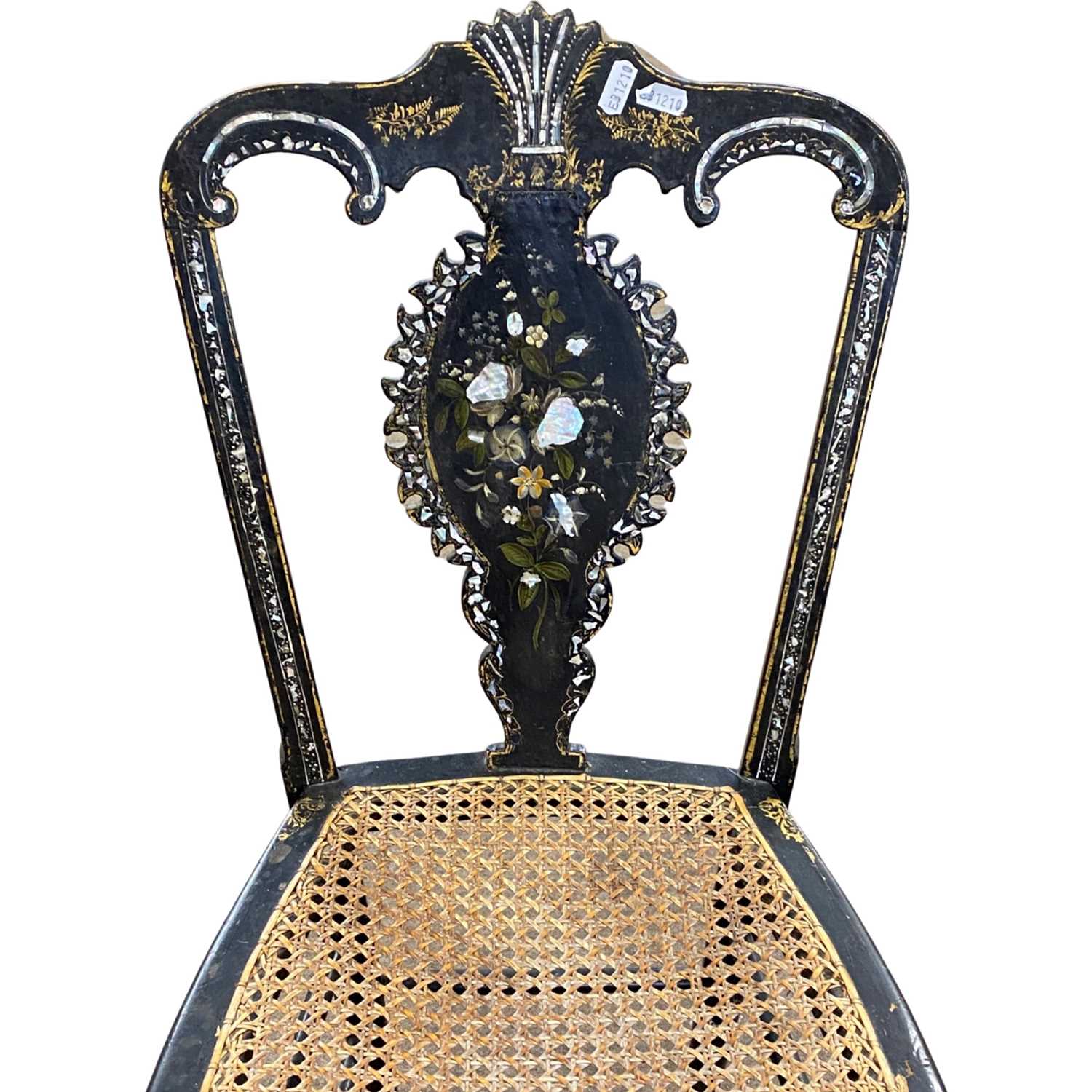 Victorian black lacquered papier mache and mother of pearl inlaid side chair with cane seat - Image 2 of 2