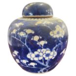 Chinese porcelain ginger jar and cover, the blue ground with prunus decoration