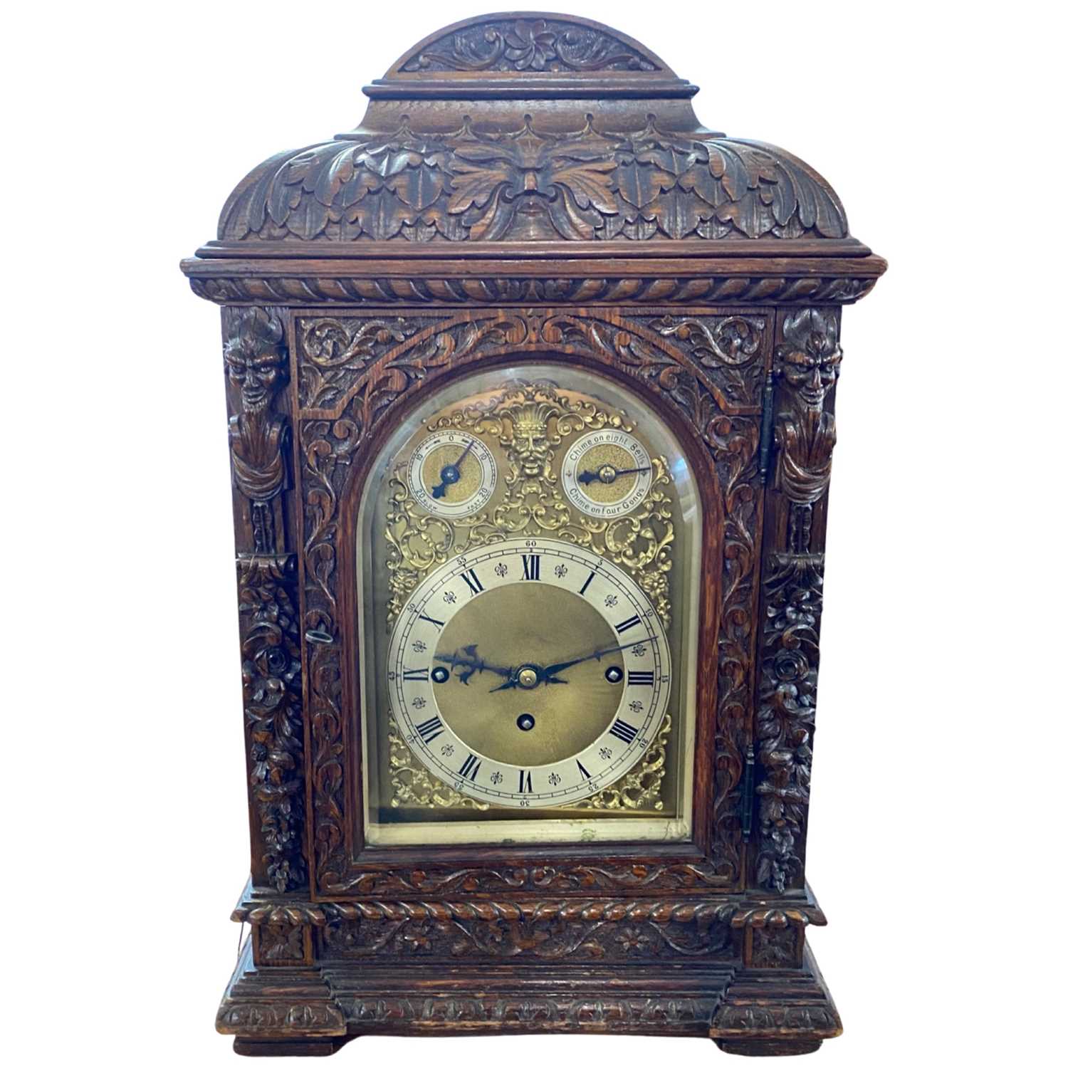 Late 19th Century bracket clock with brass face and subsiduary slow/fast and chime on four bells