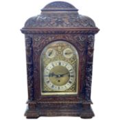 Late 19th Century bracket clock with brass face and subsiduary slow/fast and chime on four bells