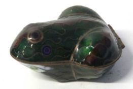 A small Cloisonne box and cover modelled as a frog in green colours