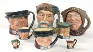 Group of Royal Doulton character jugs including Friar Tuck, Tony Weller, Robinson Crusoe, a Royal