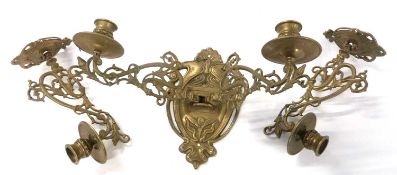 A Art Nouveau brass two sconce candelabra together with two matching candelabra, all in Art