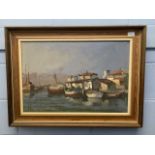 Continental School, 20th century, boats moored along a coastline with a distant lighthouse, oil on