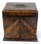 Walnut jewellery cabinet or specimen cabinet with three drawers and metal carrying case which