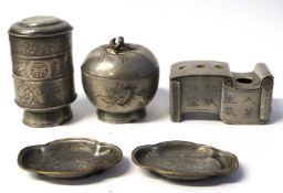 A collection of Chinese pewter wares including a jar and cover, 6 character mark to base, further