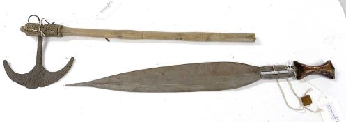 An African tribal spear together with a small axe and further tribal sword (3)