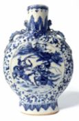 A Chinese porcelain moon flask, late Qing Dynasty decorated in blue and white in Ming style, 22cm