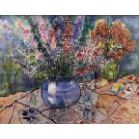 Wendy Shawyer (British, 20th/21st century), summer flowers in a blue bowl, watercolour, signed,