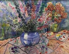 Wendy Shawyer (British, 20th/21st century), summer flowers in a blue bowl, watercolour, signed,