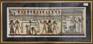 The Final Judgement, hand painted Egyptian papyrus, 27x10.5ins, framed and glazed.