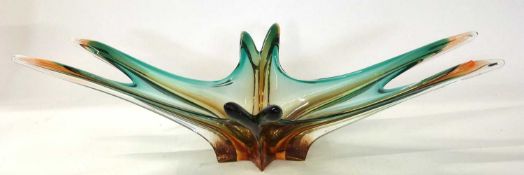 A large Art Glass bowl of starfish shape in green and brown colours, 68cm long