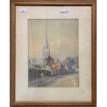 British School, 19th century, figures stroll within the grounds of Norwich Cathedral, watercolour,