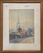 British School, 19th century, figures stroll within the grounds of Norwich Cathedral, watercolour,