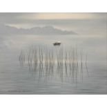 Ronald Wong (contemporary) acrylic on canvas, Chinese fishing boat beyond the reeds, 24x32ins,