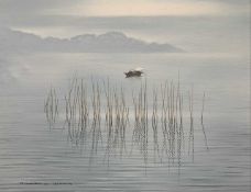 Ronald Wong (contemporary) acrylic on canvas, Chinese fishing boat beyond the reeds, 24x32ins,