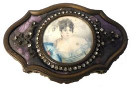 A shaped metal box with panel of a Regency style lady and within a paste jewelled border
