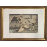 Kuniyoshi (Japanese,1813-1861) Man at sword point, woodblock print, 9x14ins, framed and glazed.