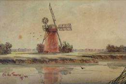 "On the Thurne" watercolour, initialed and dated 1911, 4.5x7ins, framed and glazed.