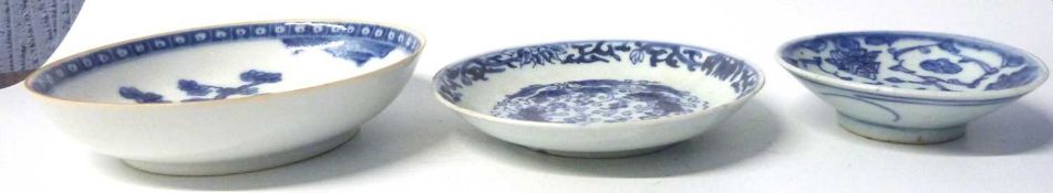 A group of Chinese porcelain blue and white wares including a 18th Century small export dish,