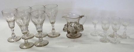 A quantity of glass ware including six wine glasses with ogee shaped bowl above double knopped