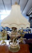 A 20th Century continental table lamp with pierced porcelain body decorated with cherubs set on a