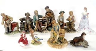 Group of ceramic figurines mainly modelled as elderly gentlemen in rustic settings, probably Italian