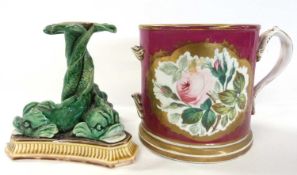 A Wedgwood Maiolica stand modelled as three fish creatures (dish lacking) together with a large 19th