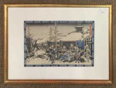 Hiroshige, Japanese 1818-1858, The Seven Samurai, woodblock print, 9x14ins, framed and glazed
