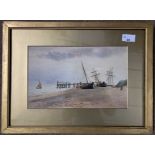 H.Mackenzie (British, 20th century), coastal scene with tall mast ships on the sands, watercolour,