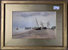 H.Mackenzie (British, 20th century), coastal scene with tall mast ships on the sands, watercolour,