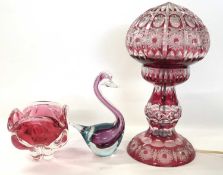 A fine quality cut glass table lamp with matching cut glass shade with ruby flashing in Bohemian