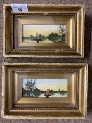 A pair of wherry scenes on the Broads, initialed 'W.J.P.', watercolour and gouache, gilt framed,