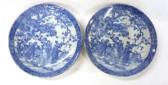 A pair of Japanese porcelain dishes with blue and white decoration, 30cm diameter