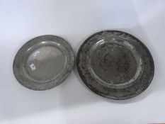 Two early/mid 18th century pewter chargers ex Burgin collection (2)