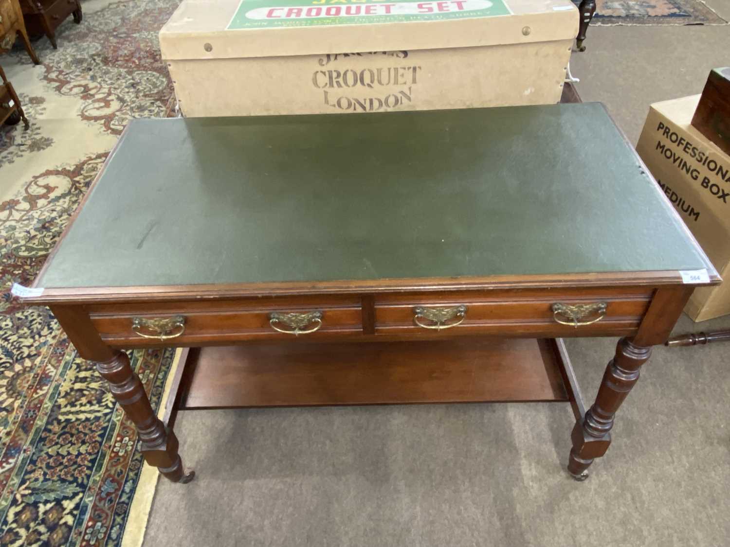 Late Victorian mahogany writing table with inset writing surface over two short drawers, turned legs - Image 2 of 2