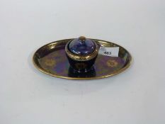 Ink well mounted on oval dish with lustre style decoration, pattern number 3054 to base, 18cm long