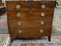 Late Georgian mahogany bow front chest of two short over three long drawers raised on outswept legs,