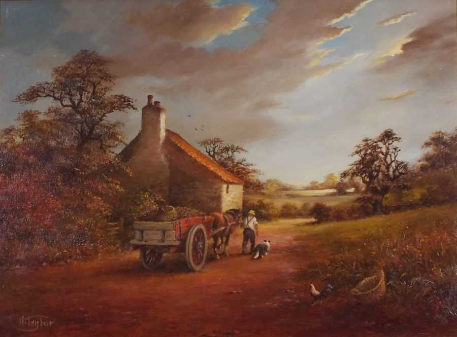 H TAYLOR (British 20th/21st Century) Carter Passing a Cottage Eventide, Oil on board, Signed lower