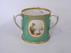 Large 19th Century English porcelain tyg with painted panel of a sailing scene and also panel of