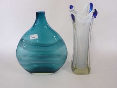 Large Studio Glass vase, the light blue ground streaked in white together with a further tall vase